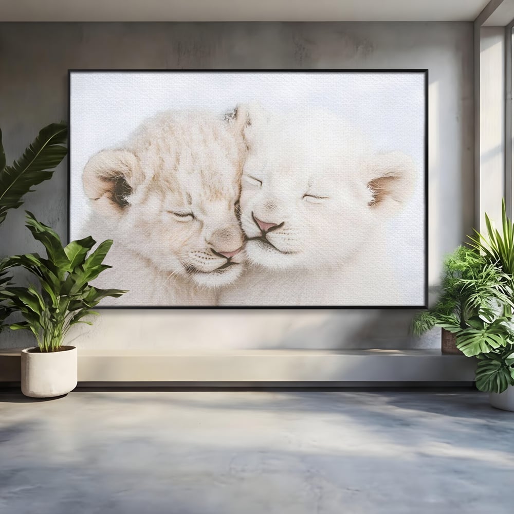 Leinwand Wandkunst Leinwand Wandkunst Premium, LuxCanva® M1395, Sweet Rest, Huhn, Küken, Löwen, Brüder, Schlaf, Unschuld, Reinheit, Reinheit, Umarmung, Traum, flauschig, liebenswert, Büro, Wohnen, Babyzimmer