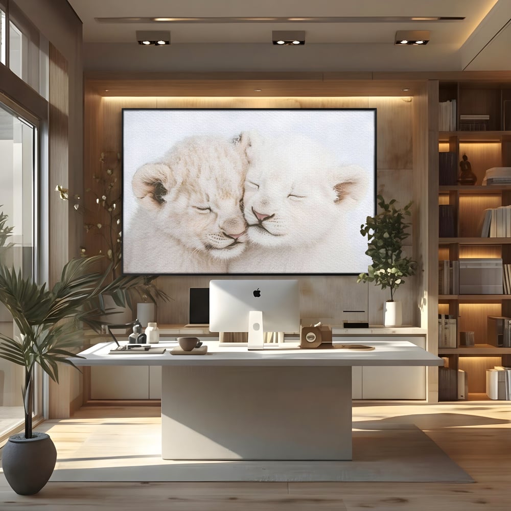 Leinwand Wandkunst Leinwand Wandkunst Premium, LuxCanva® M1395, Sweet Rest, Huhn, Küken, Löwen, Brüder, Schlaf, Unschuld, Reinheit, Reinheit, Umarmung, Traum, flauschig, liebenswert, Büro, Wohnen, Babyzimmer