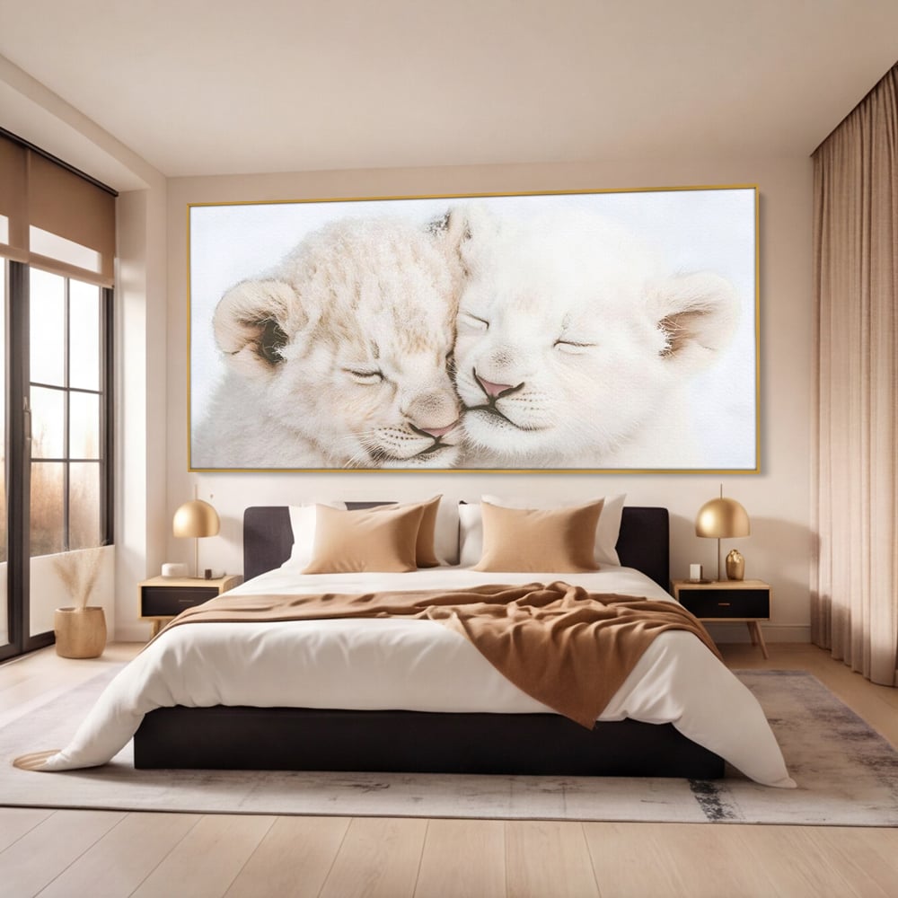 Leinwand Wandkunst Leinwand Wandkunst Premium, LuxCanva® M1395, Sweet Rest, Huhn, Küken, Löwen, Brüder, Schlaf, Unschuld, Reinheit, Reinheit, Umarmung, Traum, flauschig, liebenswert, Büro, Wohnen, Babyzimmer