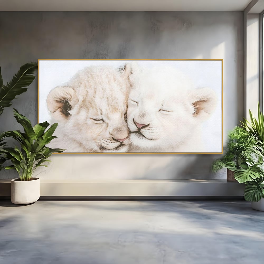 Leinwand Wandkunst Leinwand Wandkunst Premium, LuxCanva® M1395, Sweet Rest, Huhn, Küken, Löwen, Brüder, Schlaf, Unschuld, Reinheit, Reinheit, Umarmung, Traum, flauschig, liebenswert, Büro, Wohnen, Babyzimmer