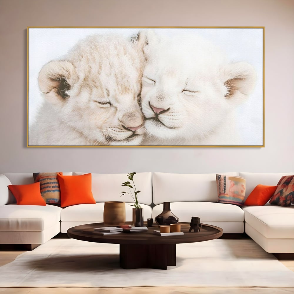 Leinwand Wandkunst Leinwand Wandkunst Premium, LuxCanva® M1395, Sweet Rest, Huhn, Küken, Löwen, Brüder, Schlaf, Unschuld, Reinheit, Reinheit, Umarmung, Traum, flauschig, liebenswert, Büro, Wohnen, Babyzimmer