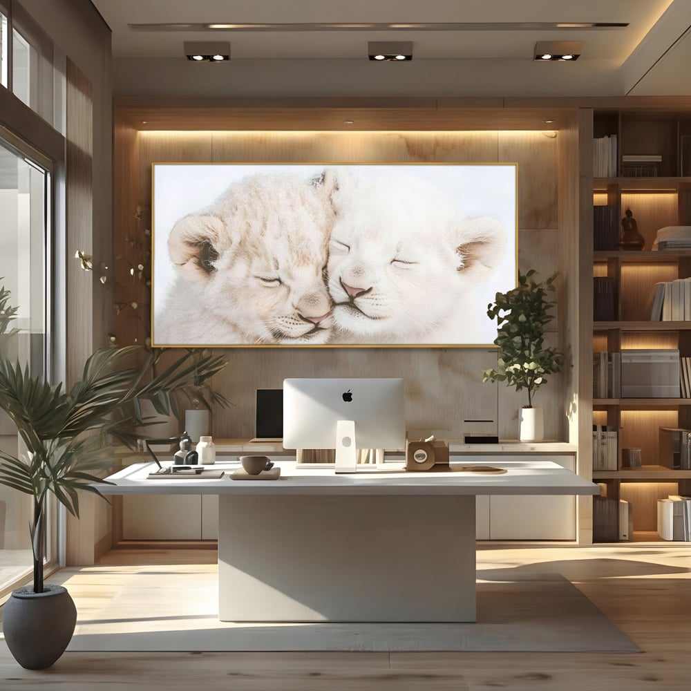 Leinwand Wandkunst Leinwand Wandkunst Premium, LuxCanva® M1395, Sweet Rest, Huhn, Küken, Löwen, Brüder, Schlaf, Unschuld, Reinheit, Reinheit, Umarmung, Traum, flauschig, liebenswert, Büro, Wohnen, Babyzimmer