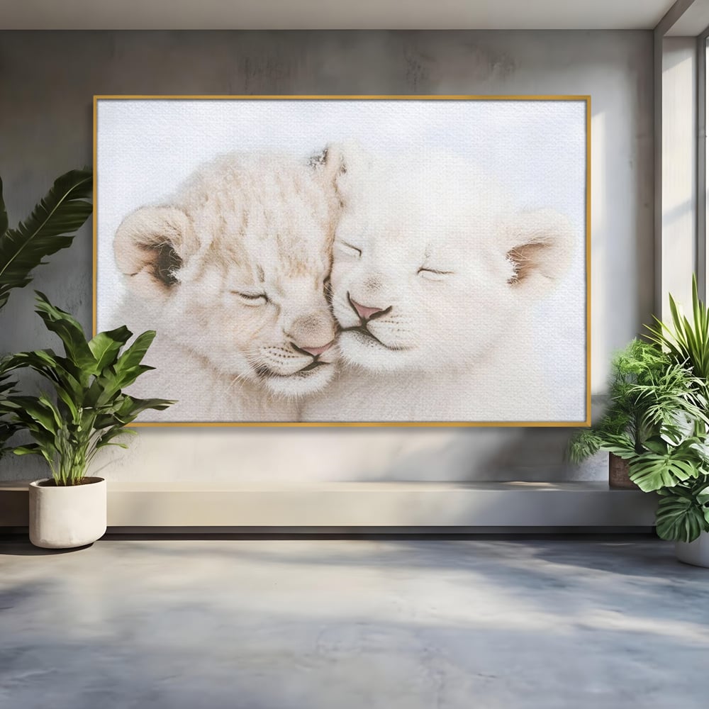 Leinwand Wandkunst Leinwand Wandkunst Premium, LuxCanva® M1395, Sweet Rest, Huhn, Küken, Löwen, Brüder, Schlaf, Unschuld, Reinheit, Reinheit, Umarmung, Traum, flauschig, liebenswert, Büro, Wohnen, Babyzimmer