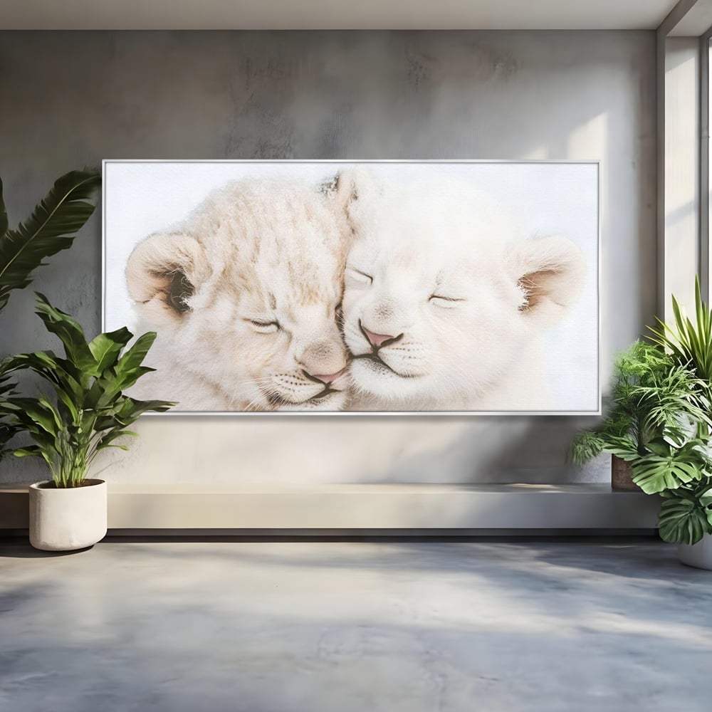 Leinwand Wandkunst Leinwand Wandkunst Premium, LuxCanva® M1395, Sweet Rest, Huhn, Küken, Löwen, Brüder, Schlaf, Unschuld, Reinheit, Reinheit, Umarmung, Traum, flauschig, liebenswert, Büro, Wohnen, Babyzimmer