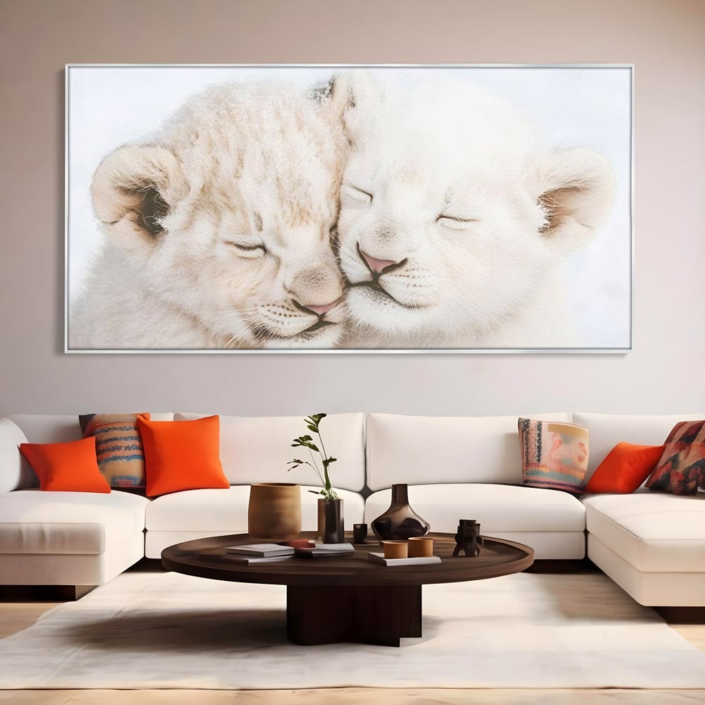 Leinwand Wandkunst Leinwand Wandkunst Premium, LuxCanva® M1395, Sweet Rest, Huhn, Küken, Löwen, Brüder, Schlaf, Unschuld, Reinheit, Reinheit, Umarmung, Traum, flauschig, liebenswert, Büro, Wohnen, Babyzimmer