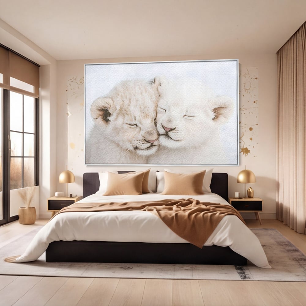 Leinwand Wandkunst Leinwand Wandkunst Premium, LuxCanva® M1395, Sweet Rest, Huhn, Küken, Löwen, Brüder, Schlaf, Unschuld, Reinheit, Reinheit, Umarmung, Traum, flauschig, liebenswert, Büro, Wohnen, Babyzimmer