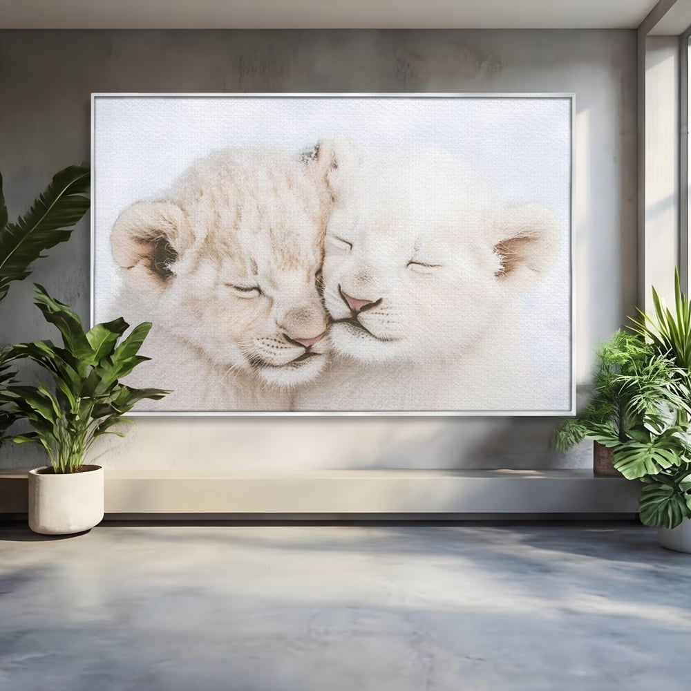 Leinwand Wandkunst Leinwand Wandkunst Premium, LuxCanva® M1395, Sweet Rest, Huhn, Küken, Löwen, Brüder, Schlaf, Unschuld, Reinheit, Reinheit, Umarmung, Traum, flauschig, liebenswert, Büro, Wohnen, Babyzimmer