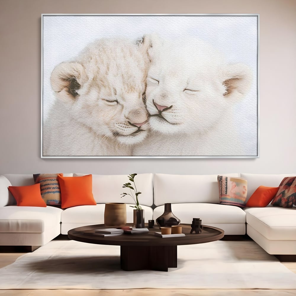 Leinwand Wandkunst Leinwand Wandkunst Premium, LuxCanva® M1395, Sweet Rest, Huhn, Küken, Löwen, Brüder, Schlaf, Unschuld, Reinheit, Reinheit, Umarmung, Traum, flauschig, liebenswert, Büro, Wohnen, Babyzimmer