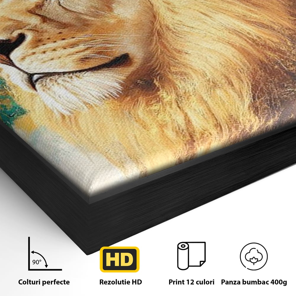 Leinwandbilder Premium, LuxCanva® M1396, Der goldene und smaragdgrüne Thron, König des Dschungels, Löwe, Macht, Mysterium, Symbole, golden, Ornament, Büro, Wohnen, Kinderzimmer