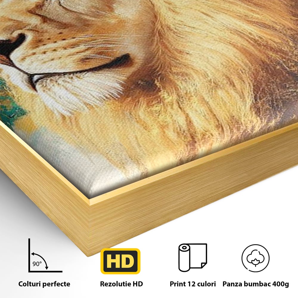 Leinwandbilder Premium, LuxCanva® M1396, Der goldene und smaragdgrüne Thron, König des Dschungels, Löwe, Macht, Mysterium, Symbole, golden, Ornament, Büro, Wohnen, Kinderzimmer