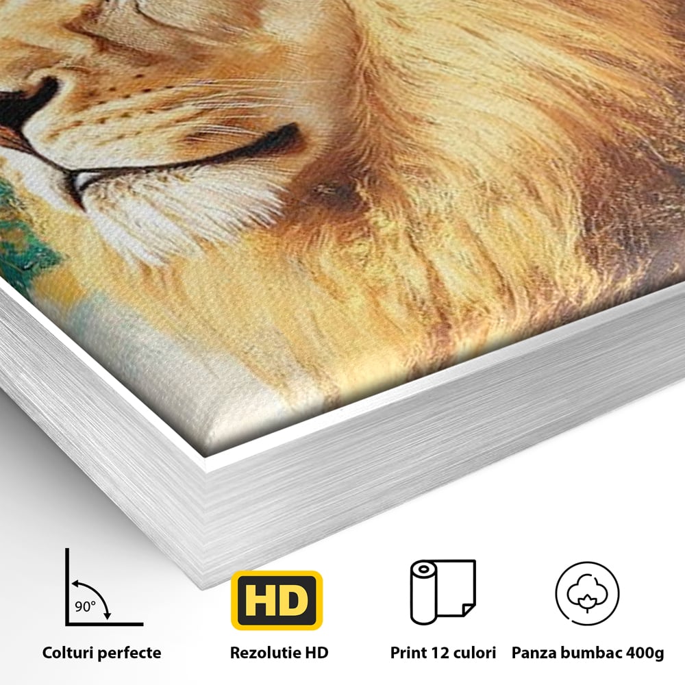 Leinwandbilder Premium, LuxCanva® M1396, Der goldene und smaragdgrüne Thron, König des Dschungels, Löwe, Macht, Mysterium, Symbole, golden, Ornament, Büro, Wohnen, Kinderzimmer