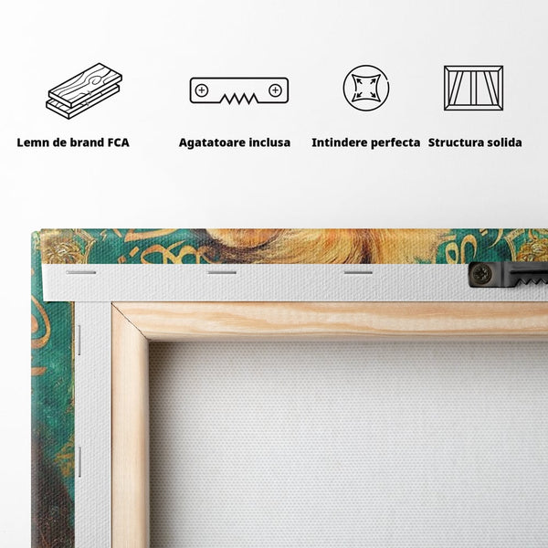 Leinwandbilder Premium, LuxCanva® M1396, Der goldene und smaragdgrüne Thron, König des Dschungels, Löwe, Macht, Mysterium, Symbole, golden, Ornament, Büro, Wohnen, Kinderzimmer