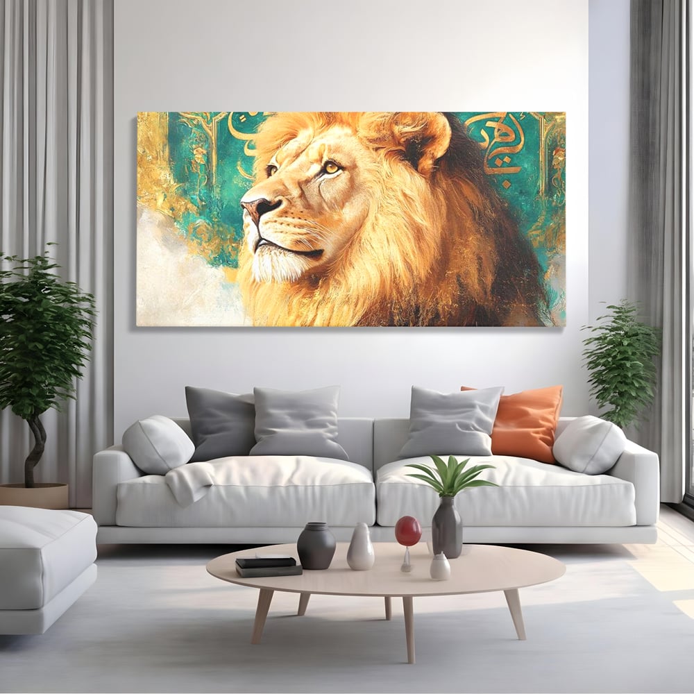 Leinwandbilder Premium, LuxCanva® M1396, Der goldene und smaragdgrüne Thron, König des Dschungels, Löwe, Macht, Mysterium, Symbole, golden, Ornament, Büro, Wohnen, Kinderzimmer