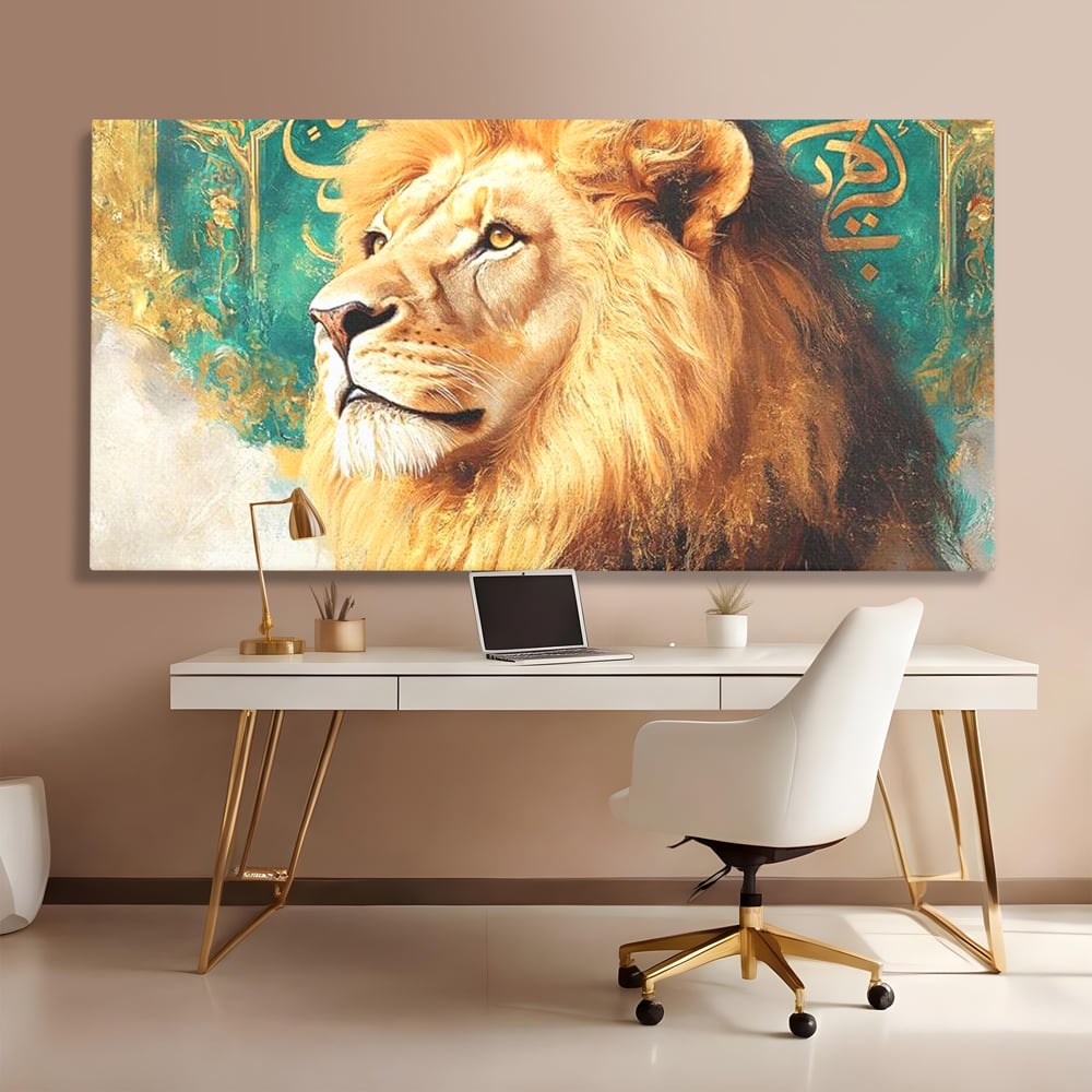 Leinwandbilder Premium, LuxCanva® M1396, Der goldene und smaragdgrüne Thron, König des Dschungels, Löwe, Macht, Mysterium, Symbole, golden, Ornament, Büro, Wohnen, Kinderzimmer