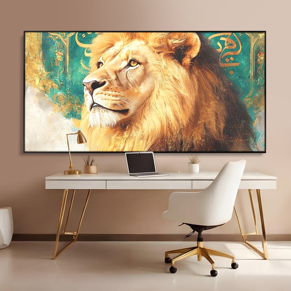 Leinwandbilder Premium, LuxCanva® M1396, Der goldene und smaragdgrüne Thron, König des Dschungels, Löwe, Macht, Mysterium, Symbole, golden, Ornament, Büro, Wohnen, Kinderzimmer