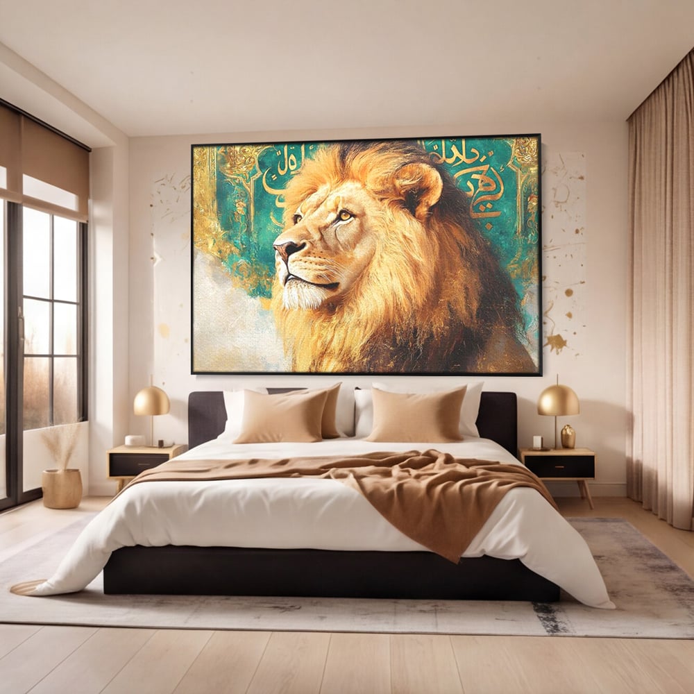 Leinwandbilder Premium, LuxCanva® M1396, Der goldene und smaragdgrüne Thron, König des Dschungels, Löwe, Macht, Mysterium, Symbole, golden, Ornament, Büro, Wohnen, Kinderzimmer