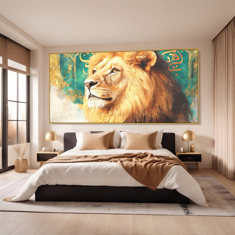 Leinwandbilder Premium, LuxCanva® M1396, Der goldene und smaragdgrüne Thron, König des Dschungels, Löwe, Macht, Mysterium, Symbole, golden, Ornament, Büro, Wohnen, Kinderzimmer