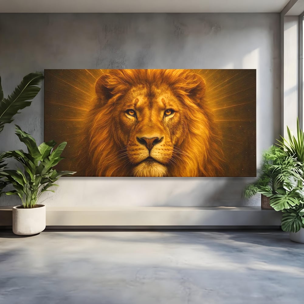 Leinwandbilder Premium, LuxCanva® M1397, Herrlichkeit des Feuers, Licht, strahlend, königlich, Tier, wild, majestätisch, edel, nobel, Löwe, Portrait, abstrakt, Büro, Wohnen, Kinderzimmer