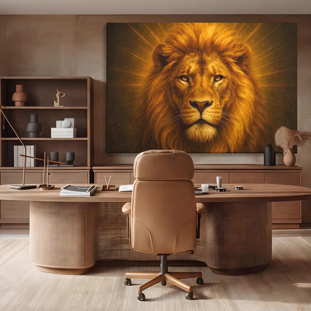 Leinwandbilder Premium, LuxCanva® M1397, Herrlichkeit des Feuers, Licht, strahlend, königlich, Tier, wild, majestätisch, edel, nobel, Löwe, Portrait, abstrakt, Büro, Wohnen, Kinderzimmer