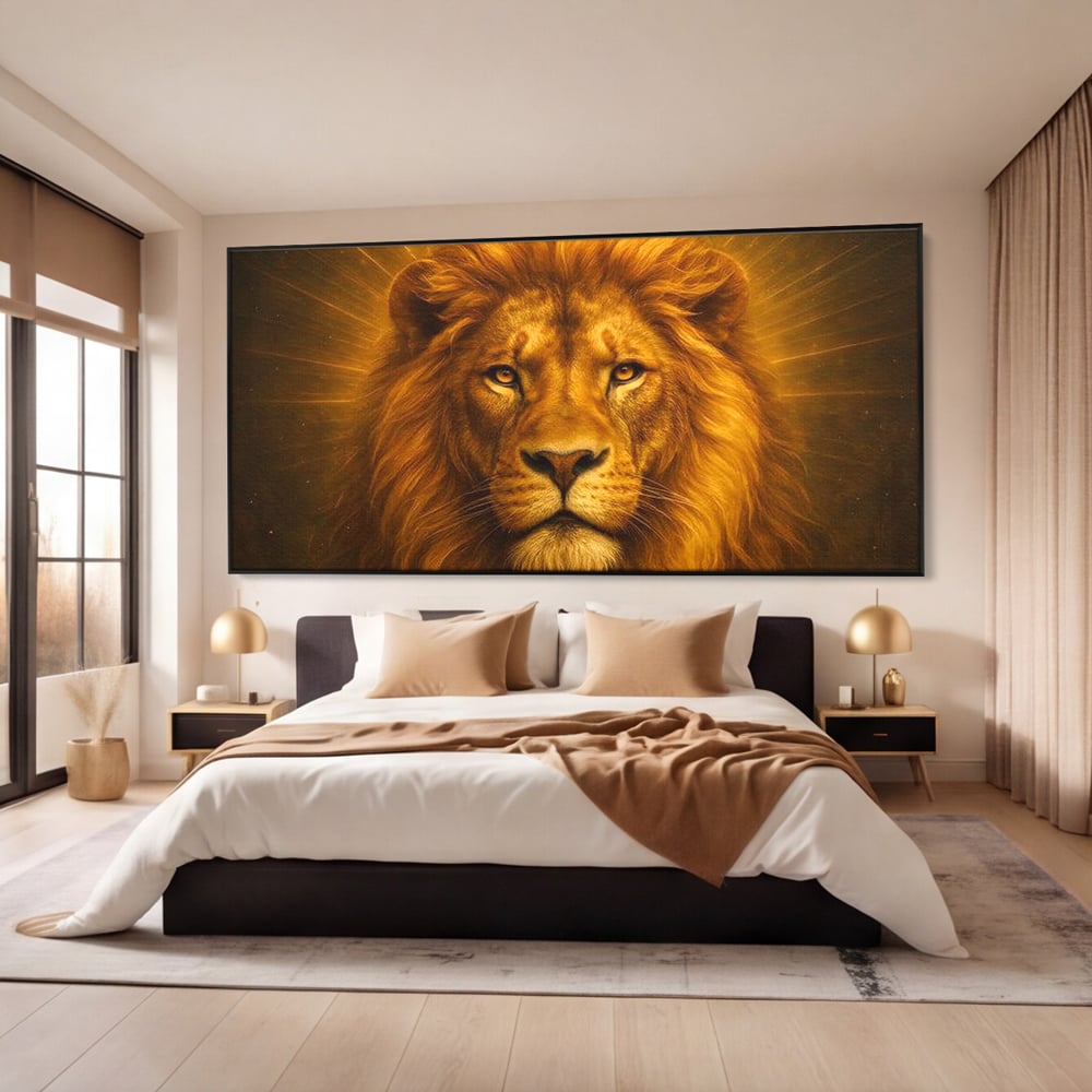 Leinwandbilder Premium, LuxCanva® M1397, Herrlichkeit des Feuers, Licht, strahlend, königlich, Tier, wild, majestätisch, edel, nobel, Löwe, Portrait, abstrakt, Büro, Wohnen, Kinderzimmer