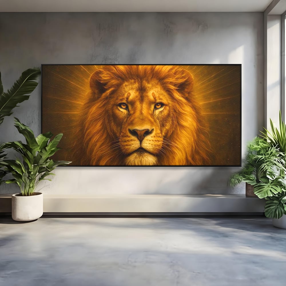 Leinwandbilder Premium, LuxCanva® M1397, Herrlichkeit des Feuers, Licht, strahlend, königlich, Tier, wild, majestätisch, edel, nobel, Löwe, Portrait, abstrakt, Büro, Wohnen, Kinderzimmer