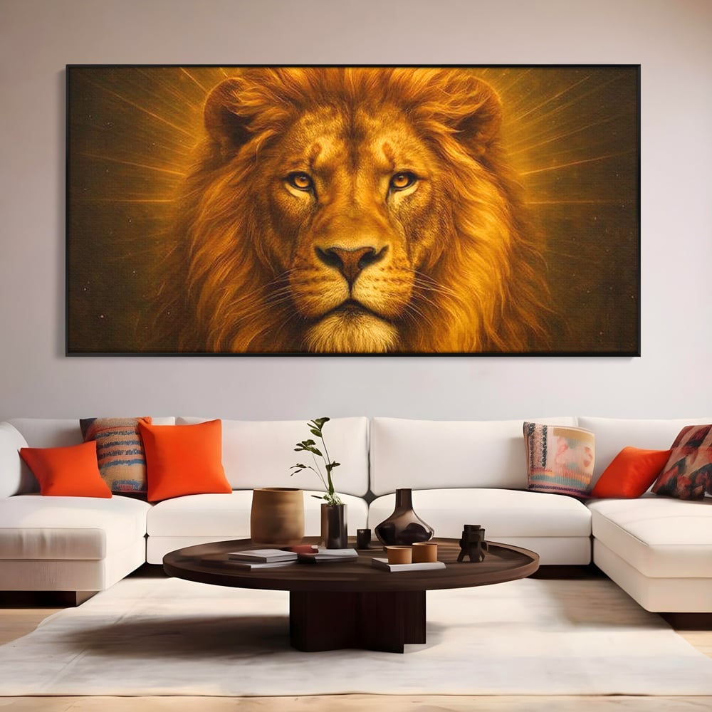 Leinwandbilder Premium, LuxCanva® M1397, Herrlichkeit des Feuers, Licht, strahlend, königlich, Tier, wild, majestätisch, edel, nobel, Löwe, Portrait, abstrakt, Büro, Wohnen, Kinderzimmer