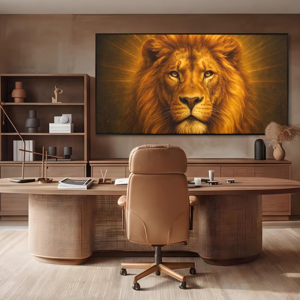 Leinwandbilder Premium, LuxCanva® M1397, Herrlichkeit des Feuers, Licht, strahlend, königlich, Tier, wild, majestätisch, edel, nobel, Löwe, Portrait, abstrakt, Büro, Wohnen, Kinderzimmer