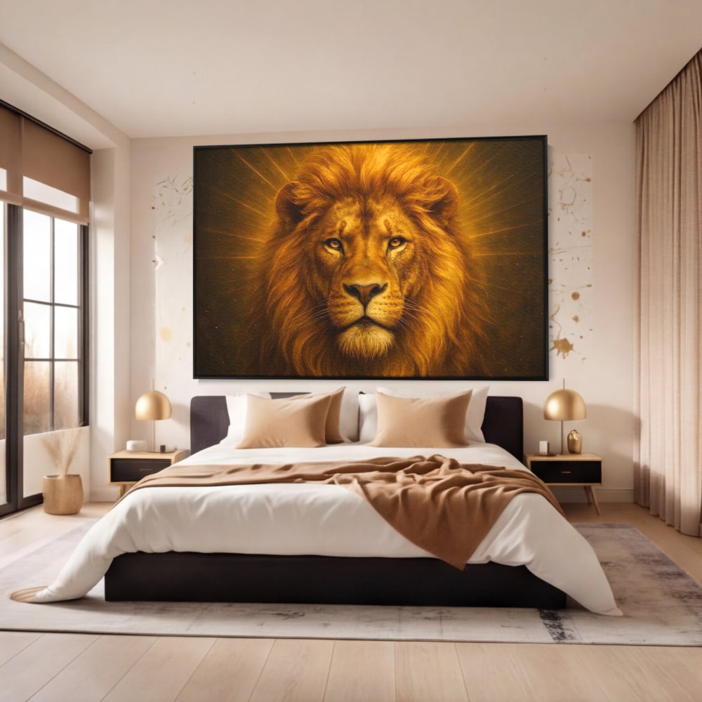 Leinwandbilder Premium, LuxCanva® M1397, Herrlichkeit des Feuers, Licht, strahlend, königlich, Tier, wild, majestätisch, edel, nobel, Löwe, Portrait, abstrakt, Büro, Wohnen, Kinderzimmer