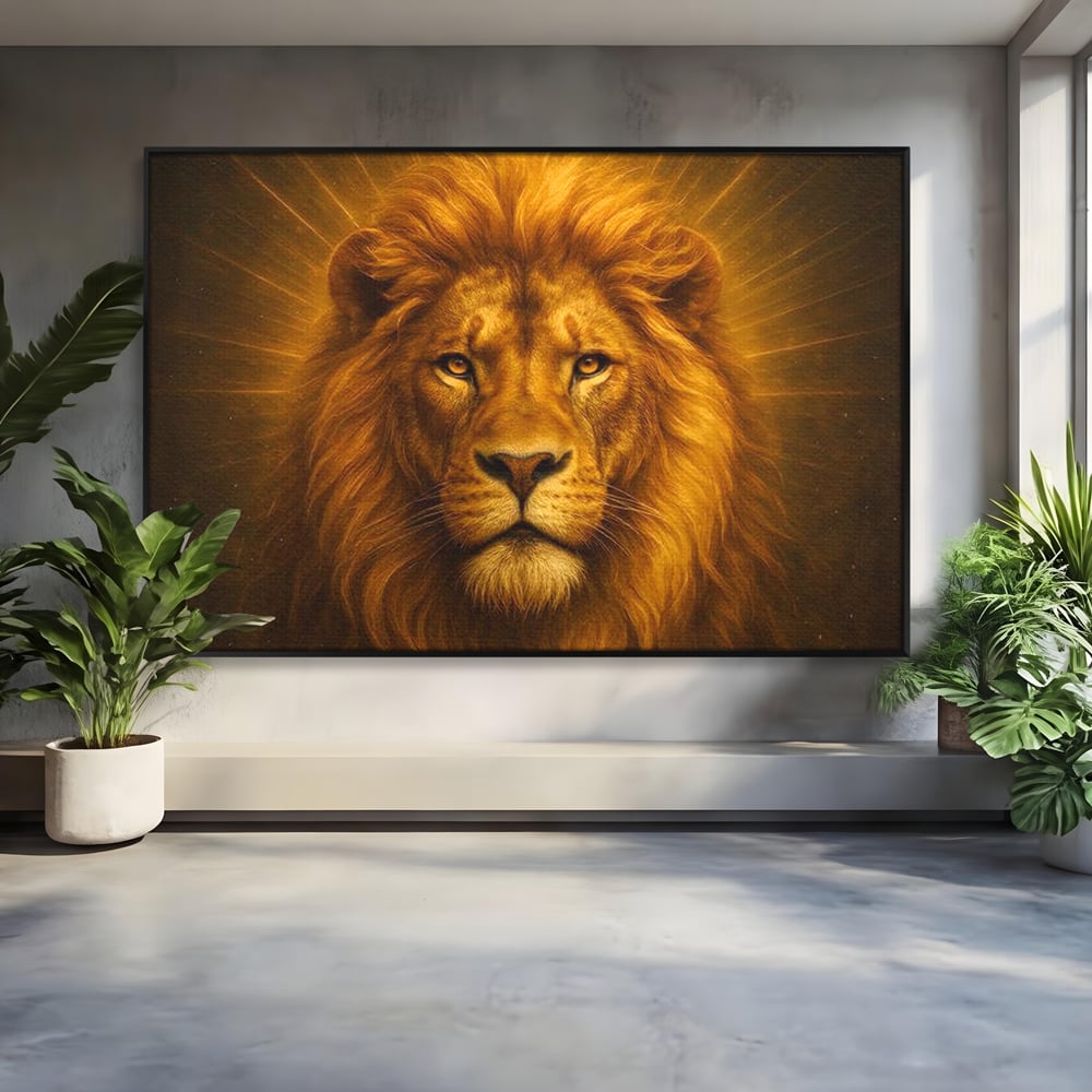 Leinwandbilder Premium, LuxCanva® M1397, Herrlichkeit des Feuers, Licht, strahlend, königlich, Tier, wild, majestätisch, edel, nobel, Löwe, Portrait, abstrakt, Büro, Wohnen, Kinderzimmer