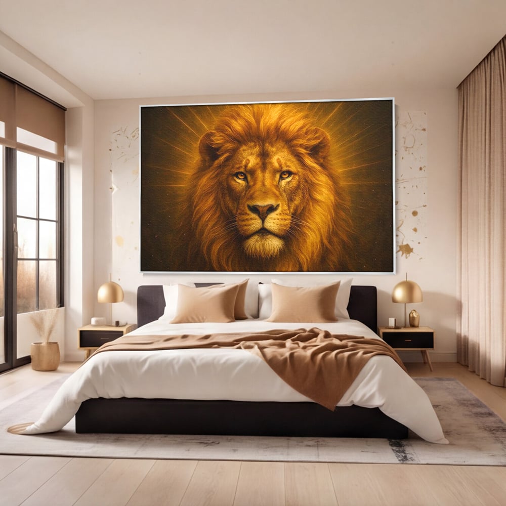 Leinwandbilder Premium, LuxCanva® M1397, Herrlichkeit des Feuers, Licht, strahlend, königlich, Tier, wild, majestätisch, edel, nobel, Löwe, Portrait, abstrakt, Büro, Wohnen, Kinderzimmer