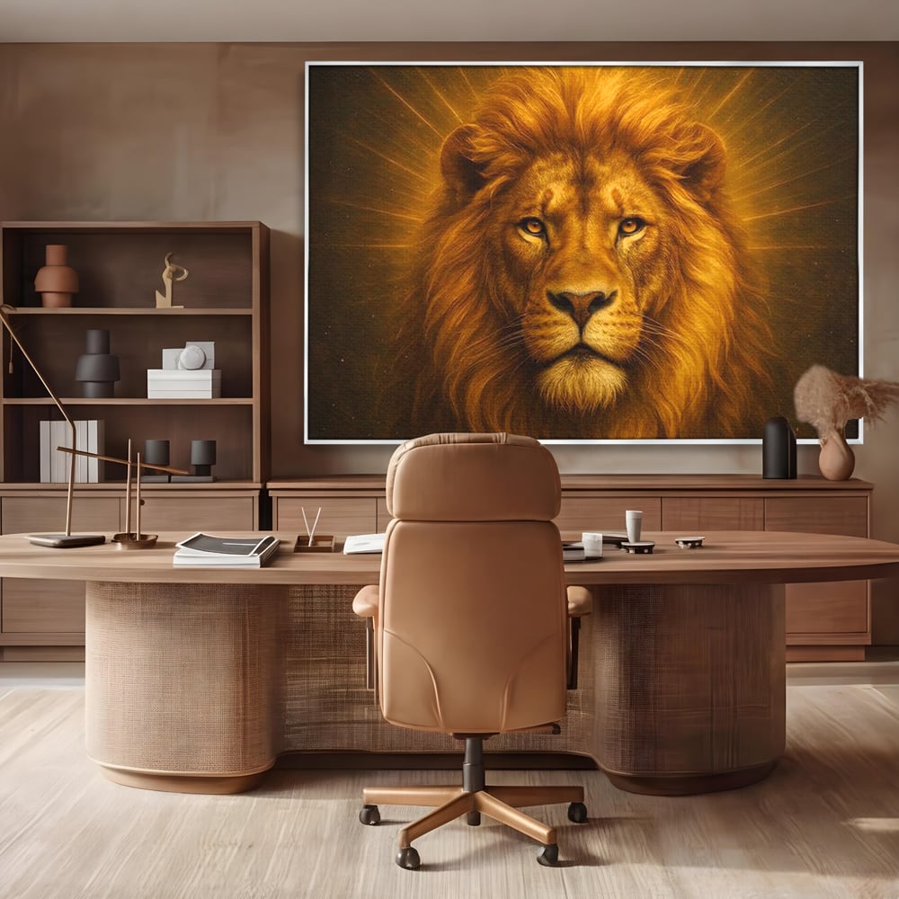 Leinwandbilder Premium, LuxCanva® M1397, Herrlichkeit des Feuers, Licht, strahlend, königlich, Tier, wild, majestätisch, edel, nobel, Löwe, Portrait, abstrakt, Büro, Wohnen, Kinderzimmer