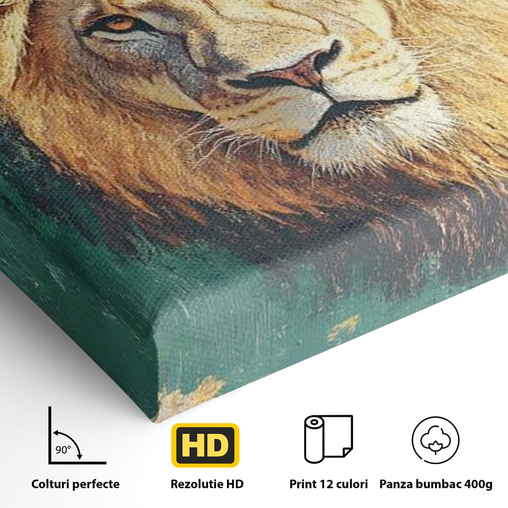 Tablou Canvas Premium, LuxCanva® M1398, Splendoare Orientala, Leu, Animal, Chip, Regele Junglei, Salbaticie, Simboluri, Aur, Pictura, Putere, Noblete, Birou, Living, Camera Copil