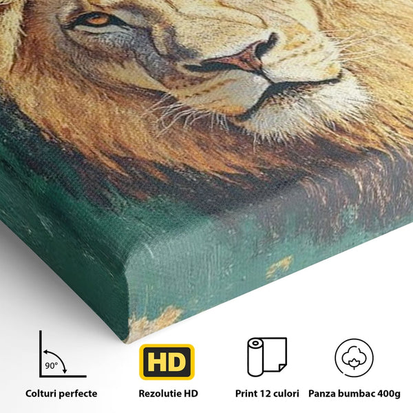 Tablou Canvas Premium, LuxCanva® M1398, Splendoare Orientala, Leu, Animal, Chip, Regele Junglei, Salbaticie, Simboluri, Aur, Pictura, Putere, Noblete, Birou, Living, Camera Copil