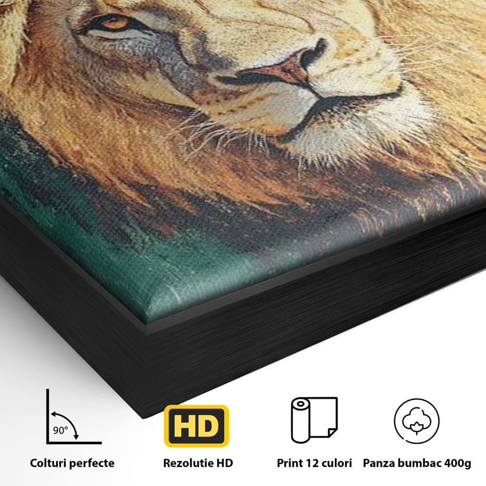 Tablou Canvas Premium, LuxCanva® M1398, Splendoare Orientala, Leu, Animal, Chip, Regele Junglei, Salbaticie, Simboluri, Aur, Pictura, Putere, Noblete, Birou, Living, Camera Copil