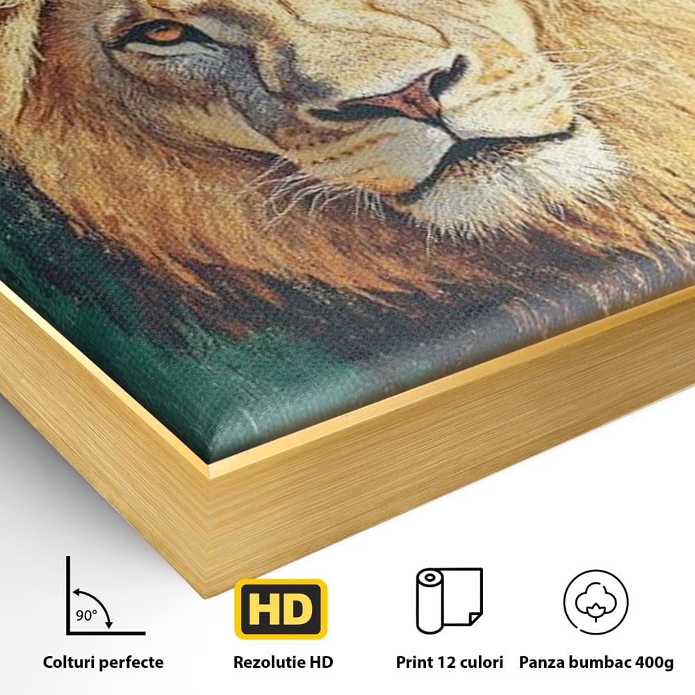 Tablou Canvas Premium, LuxCanva® M1398, Splendoare Orientala, Leu, Animal, Chip, Regele Junglei, Salbaticie, Simboluri, Aur, Pictura, Putere, Noblete, Birou, Living, Camera Copil