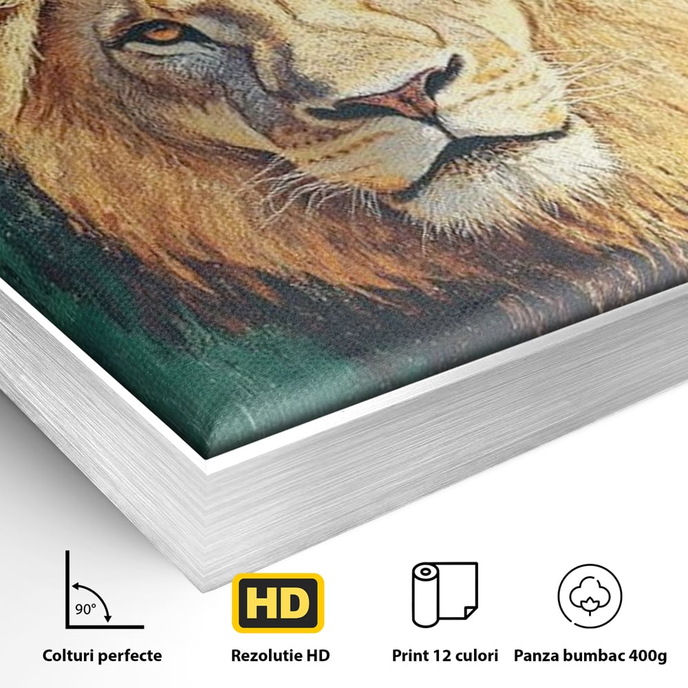 Tablou Canvas Premium, LuxCanva® M1398, Splendoare Orientala, Leu, Animal, Chip, Regele Junglei, Salbaticie, Simboluri, Aur, Pictura, Putere, Noblete, Birou, Living, Camera Copil