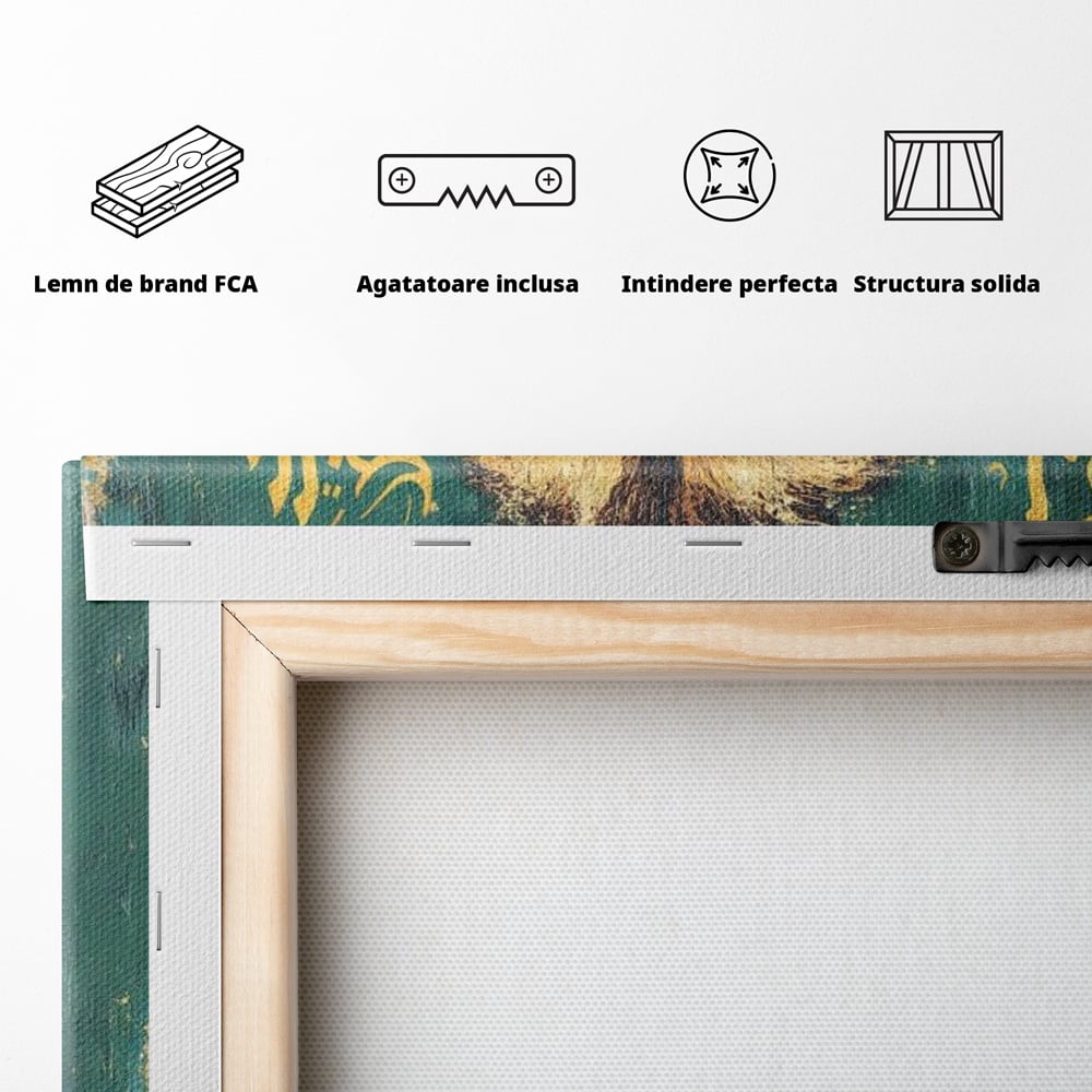 Tablou Canvas Premium, LuxCanva® M1398, Splendoare Orientala, Leu, Animal, Chip, Regele Junglei, Salbaticie, Simboluri, Aur, Pictura, Putere, Noblete, Birou, Living, Camera Copil