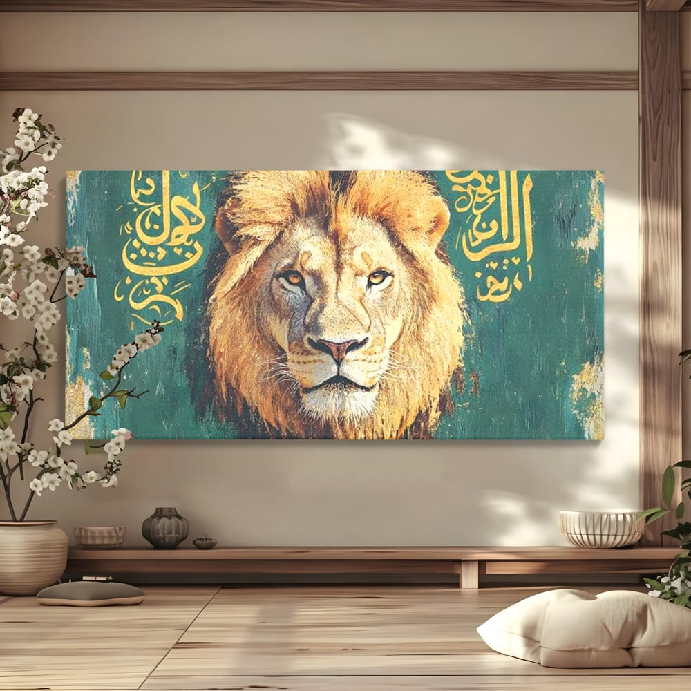 Tablou Canvas Premium, LuxCanva® M1398, Splendoare Orientala, Leu, Animal, Chip, Regele Junglei, Salbaticie, Simboluri, Aur, Pictura, Putere, Noblete, Birou, Living, Camera Copil