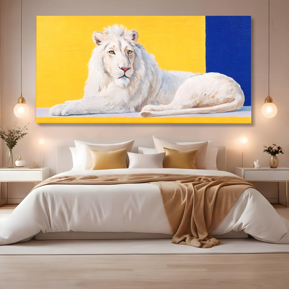 Leinwand Premium Canvas Wandbilder, LuxCanva® M1399, Königliche Komposition, Reinheit, König, Gemälde, Modern, Entspannend, Weisheit, Löwe, Tier, Büro, Wohnen, Kinderzimmer