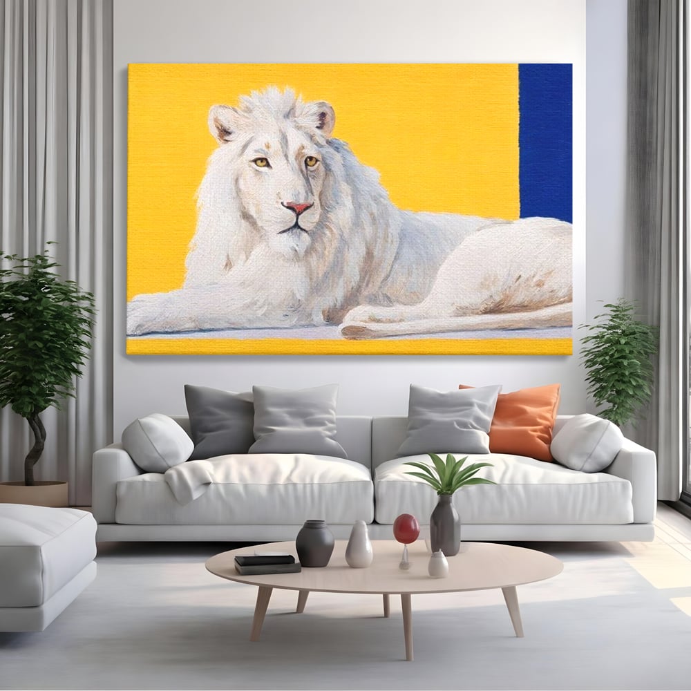 Leinwand Premium Canvas Wandbilder, LuxCanva® M1399, Königliche Komposition, Reinheit, König, Gemälde, Modern, Entspannend, Weisheit, Löwe, Tier, Büro, Wohnen, Kinderzimmer