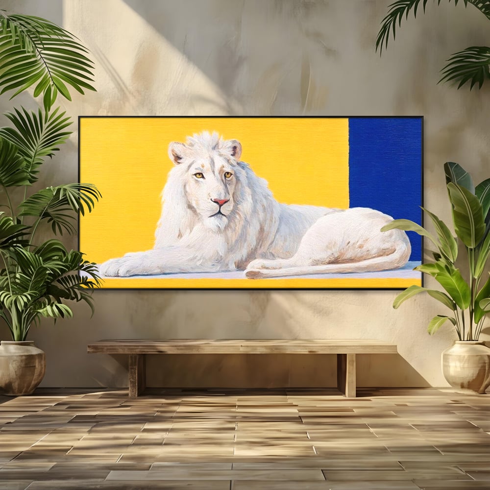 Leinwand Premium Canvas Wandbilder, LuxCanva® M1399, Königliche Komposition, Reinheit, König, Gemälde, Modern, Entspannend, Weisheit, Löwe, Tier, Büro, Wohnen, Kinderzimmer
