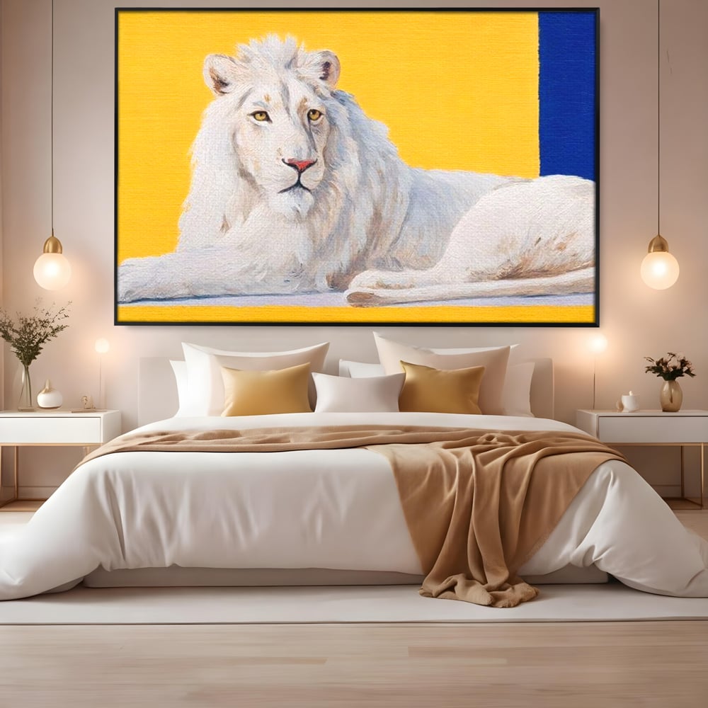 Leinwand Premium Canvas Wandbilder, LuxCanva® M1399, Königliche Komposition, Reinheit, König, Gemälde, Modern, Entspannend, Weisheit, Löwe, Tier, Büro, Wohnen, Kinderzimmer