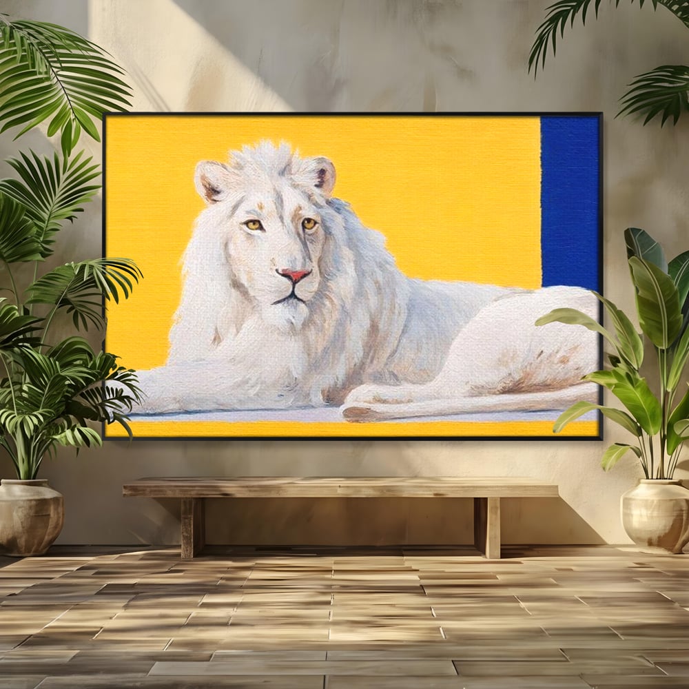 Leinwand Premium Canvas Wandbilder, LuxCanva® M1399, Königliche Komposition, Reinheit, König, Gemälde, Modern, Entspannend, Weisheit, Löwe, Tier, Büro, Wohnen, Kinderzimmer