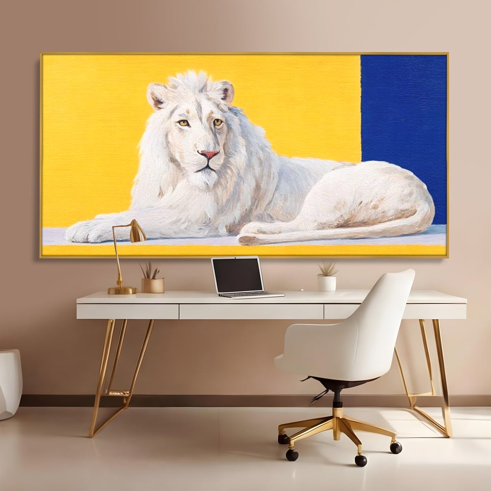 Leinwand Premium Canvas Wandbilder, LuxCanva® M1399, Königliche Komposition, Reinheit, König, Gemälde, Modern, Entspannend, Weisheit, Löwe, Tier, Büro, Wohnen, Kinderzimmer