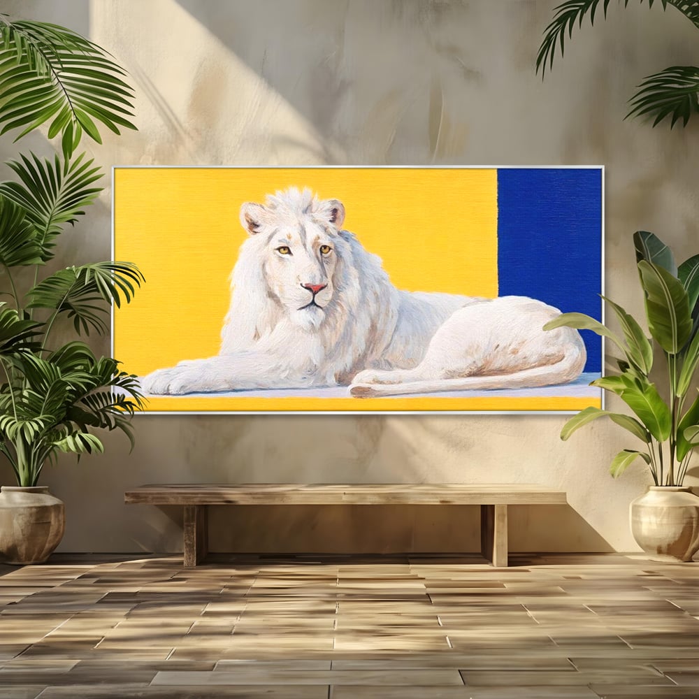 Leinwand Premium Canvas Wandbilder, LuxCanva® M1399, Königliche Komposition, Reinheit, König, Gemälde, Modern, Entspannend, Weisheit, Löwe, Tier, Büro, Wohnen, Kinderzimmer