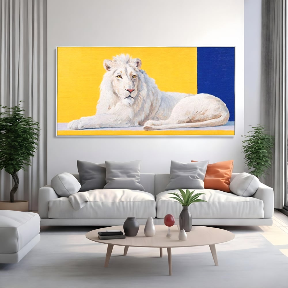 Leinwand Premium Canvas Wandbilder, LuxCanva® M1399, Königliche Komposition, Reinheit, König, Gemälde, Modern, Entspannend, Weisheit, Löwe, Tier, Büro, Wohnen, Kinderzimmer