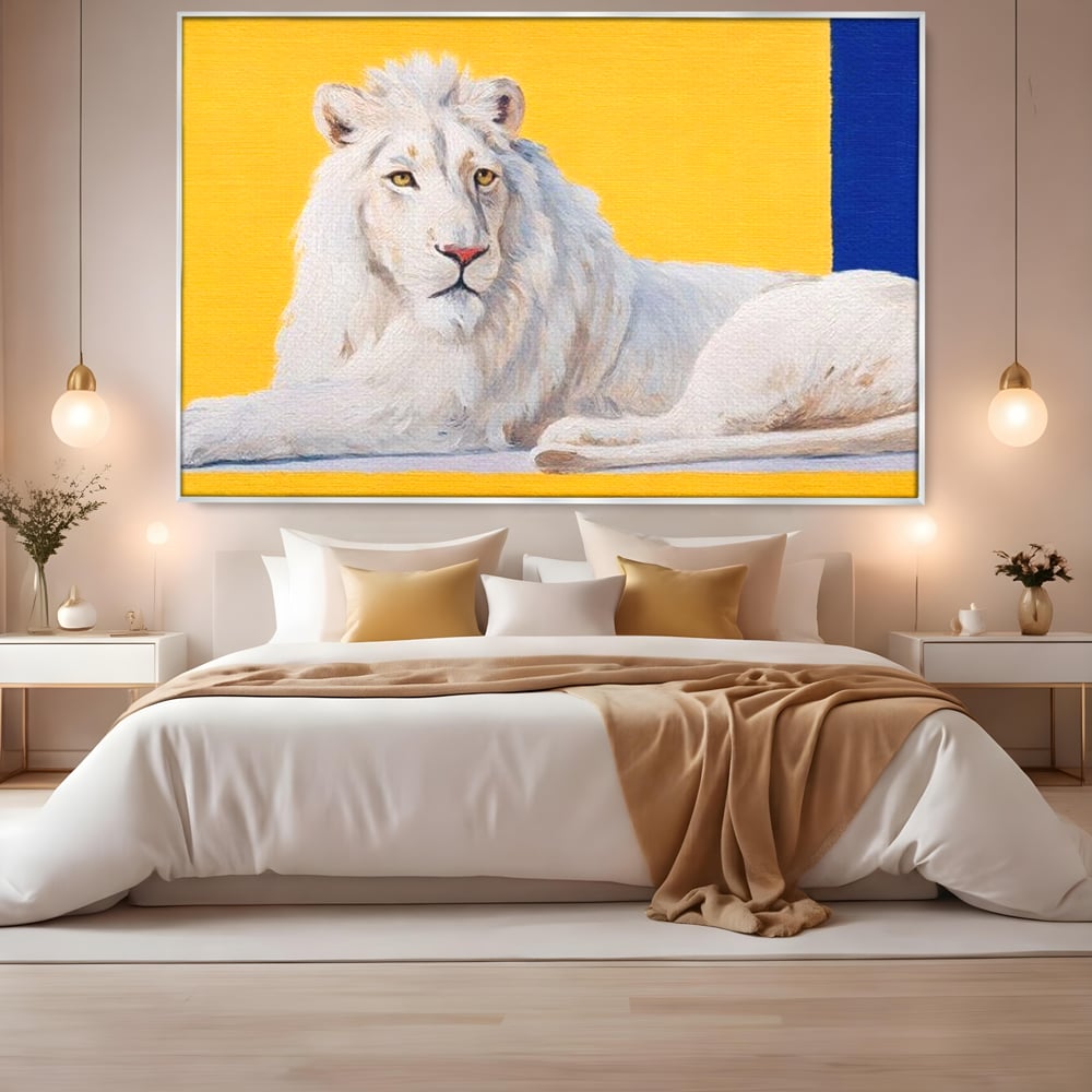 Leinwand Premium Canvas Wandbilder, LuxCanva® M1399, Königliche Komposition, Reinheit, König, Gemälde, Modern, Entspannend, Weisheit, Löwe, Tier, Büro, Wohnen, Kinderzimmer