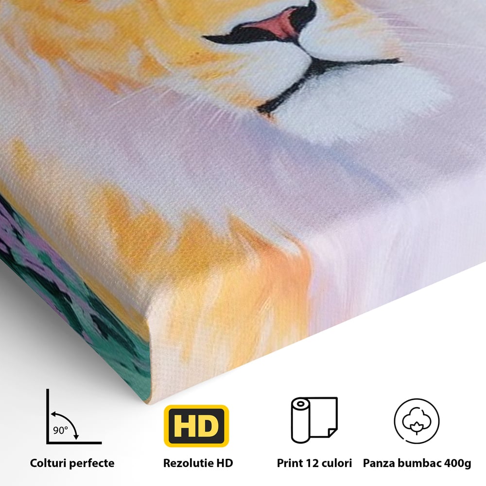 Leinwand Wandkunst Premium, LuxCanva® M1400, Pastell Leinwand Wandkunst, Pastell, Löwe, Tier, Wild, Exotisch, Dschungel, Natur, Natur, Malerei, Vegetation, Gelassenheit, Büro, Wohnen, Kinderzimmer