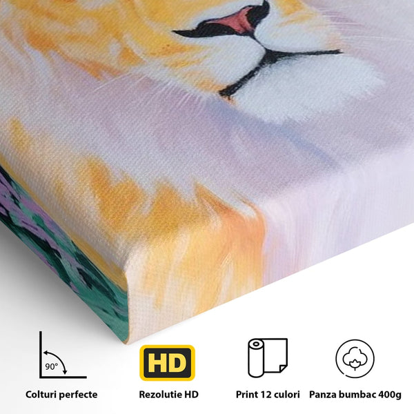Leinwand Wandkunst Premium, LuxCanva® M1400, Pastell Leinwand Wandkunst, Pastell, Löwe, Tier, Wild, Exotisch, Dschungel, Natur, Natur, Malerei, Vegetation, Gelassenheit, Büro, Wohnen, Kinderzimmer