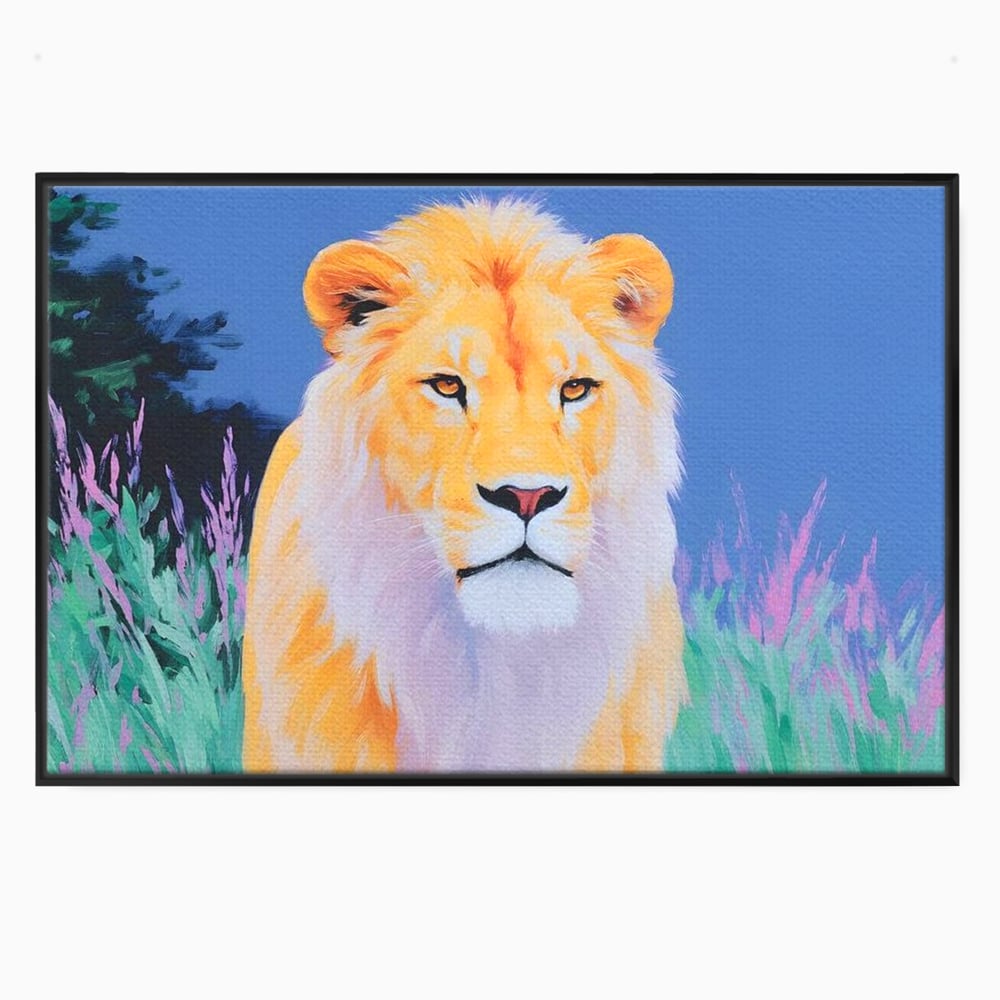 Leinwand Wandkunst Premium, LuxCanva® M1400, Pastell Leinwand Wandkunst, Pastell, Löwe, Tier, Wild, Exotisch, Dschungel, Natur, Natur, Malerei, Vegetation, Gelassenheit, Büro, Wohnen, Kinderzimmer